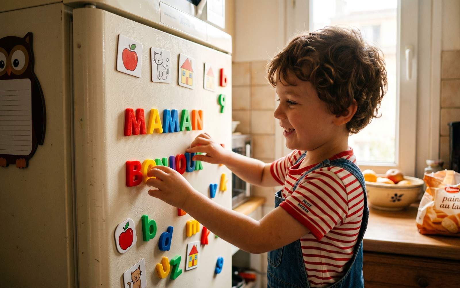 Enfant jouant avec des lettres magnétiques à la maison