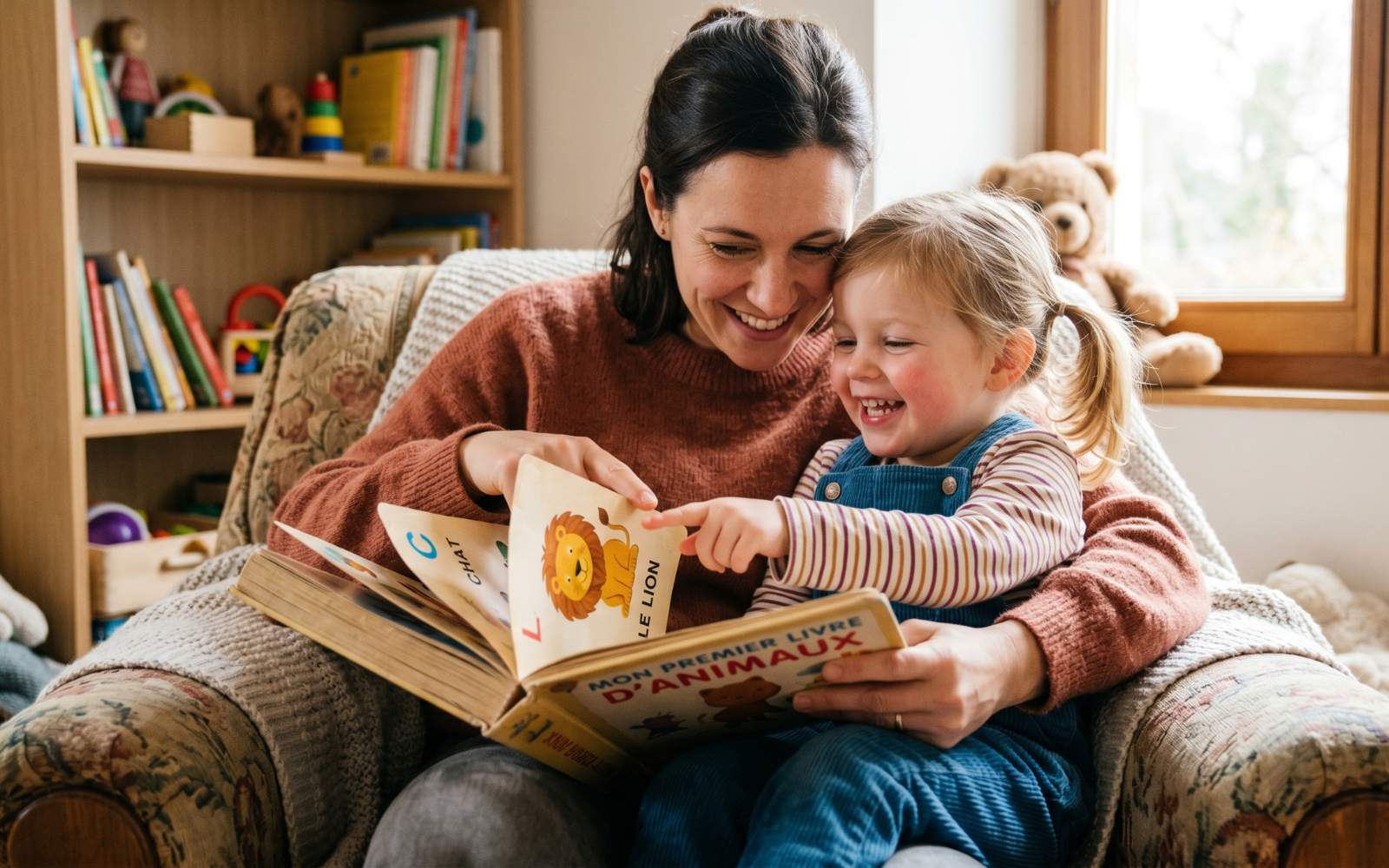 Un parent accompagne son enfant de 4-5 ans qui apprend à lire