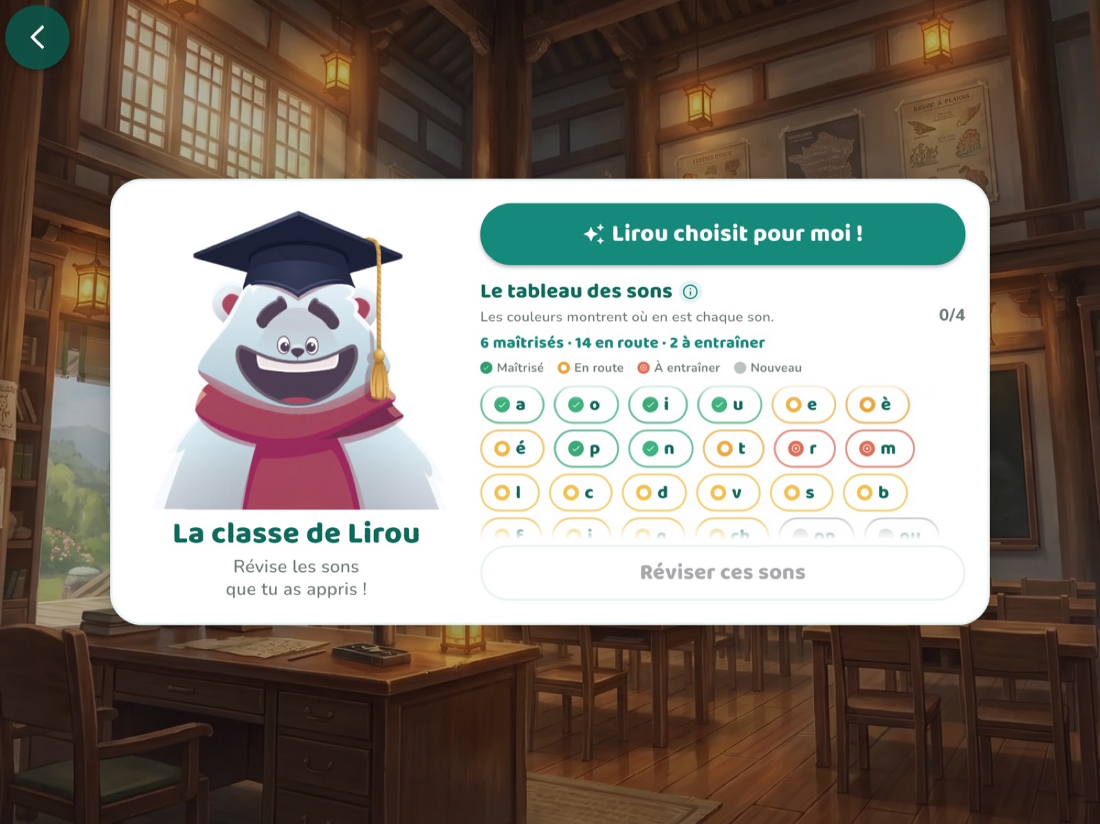 Le tableau des sons de l'application, où chaque son prend une couleur selon la réussite de l'enfant