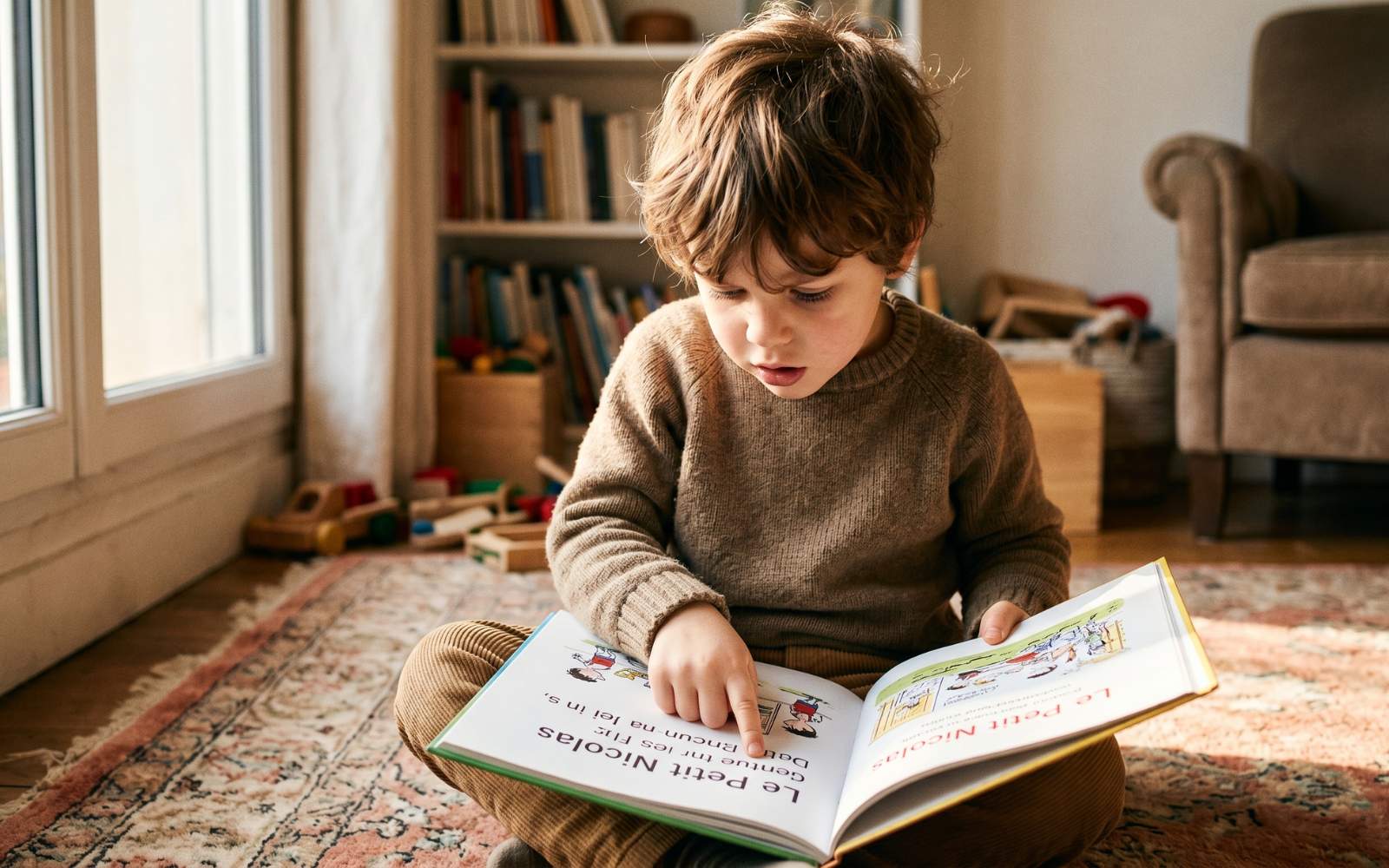 Jeune enfant curieux explorant un livre, prêt à apprendre à lire