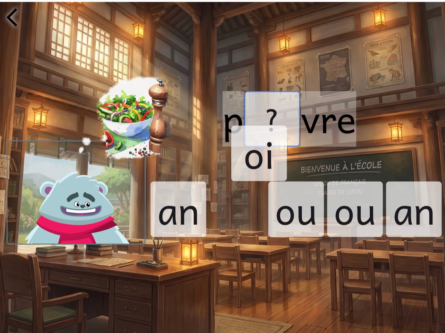 Une séance de révision en cours dans la salle de classe : le mot « p?vre » à compléter, la tuile « oi » saisie en plein vol