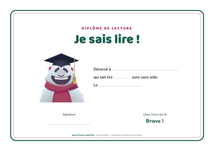 Aperçu : Le diplôme « Je sais lire ! »