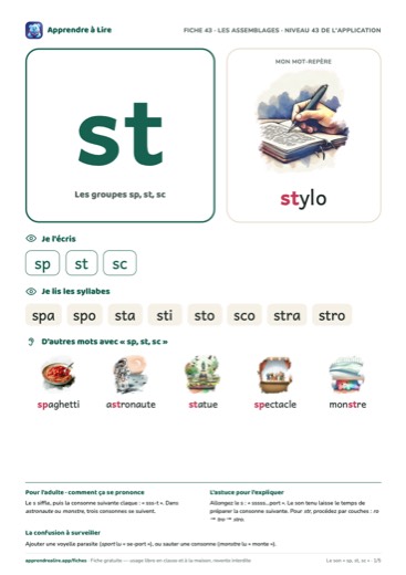 Aperçu de la fiche du son « sp, st, sc »