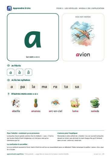 Aperçu de la fiche du son « a »