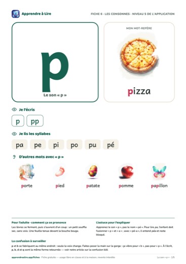 Aperçu de la fiche du son « p »