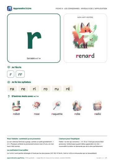 Aperçu de la fiche du son « r »