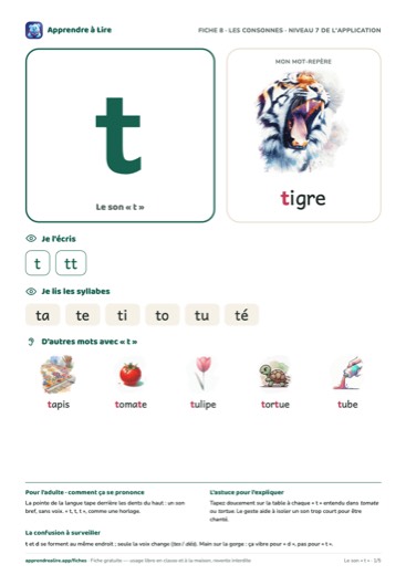 Aperçu de la fiche du son « t »