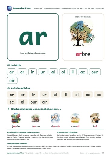 Aperçu de la fiche du son « ar, or, ir, al, ol, ac, our… »